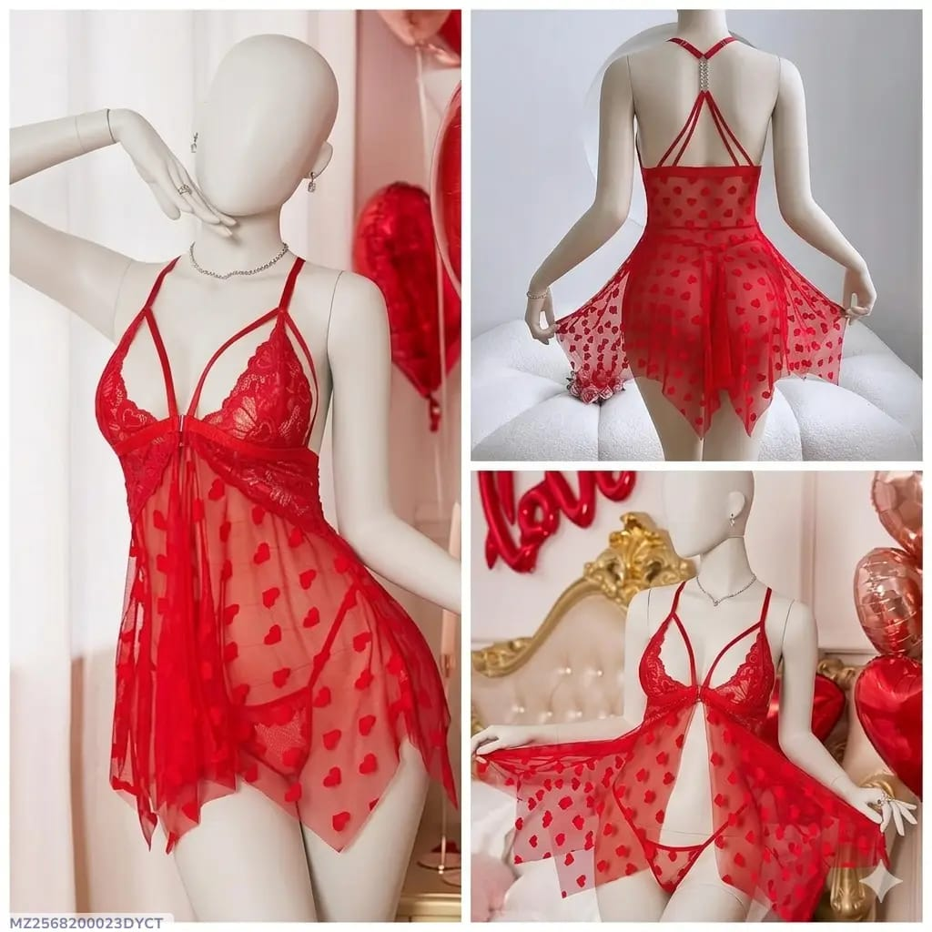 ❤️ Red Heart Net Lace Short Nighty with Panty | Free Size