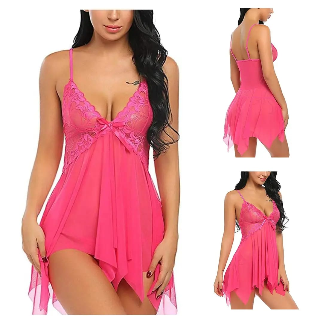 🌸 Pink Net Lace Short Nighty Set | Free Size