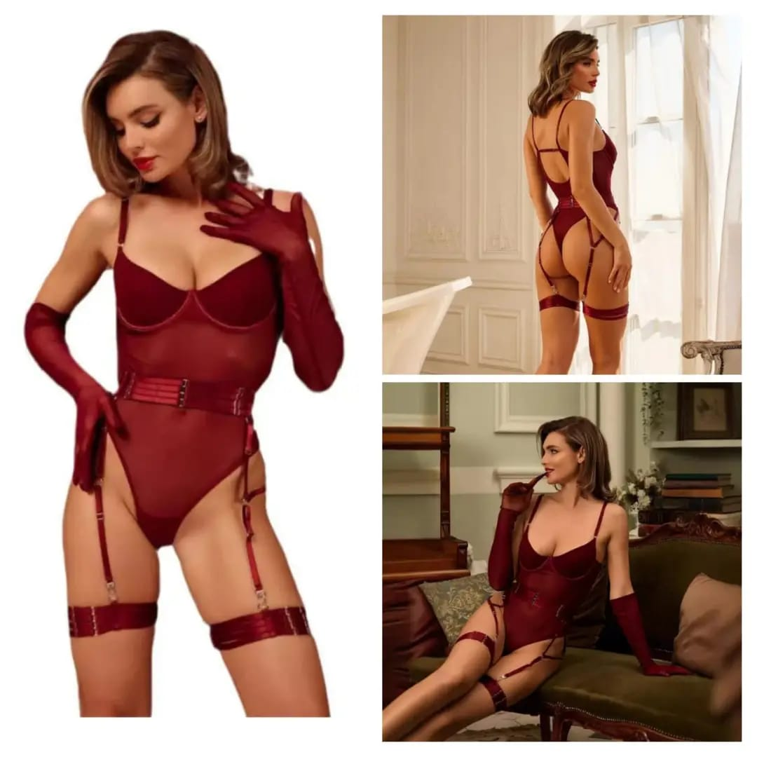 Maroon net lingerie bodysuit and garter belt displayed on a mannequin