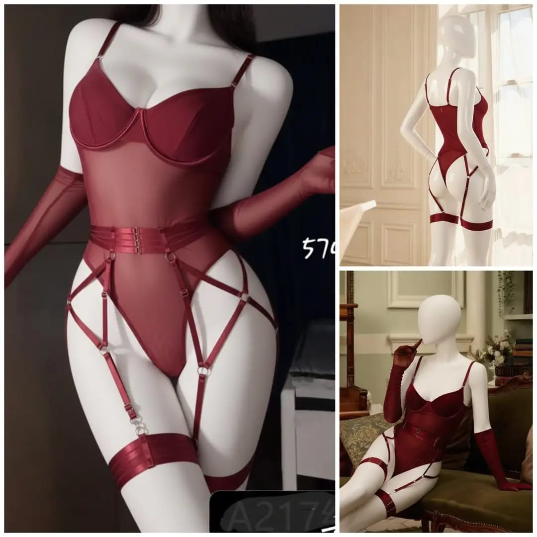 ✨ Maroon Net Lingerie Bodysuit & Garter Belt | Free Size